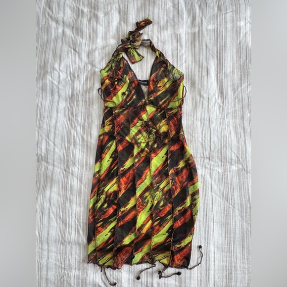 PrettyLittleThing Brown Orange Neon Green Mini Mesh Swim Cover Up Halter Dress - Picture 2 of 8